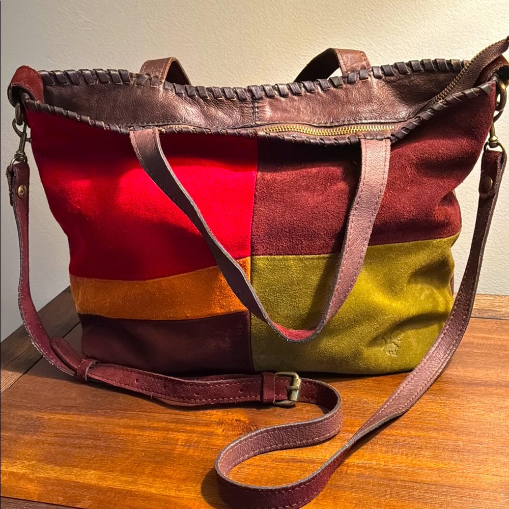 Patricia Nash Zola colorblock patchwork suede and leather tote bag.